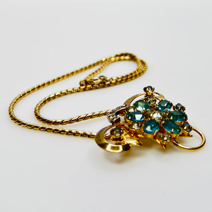 Vintage teal and clear rhinestone brooch pendant on gold filled chain