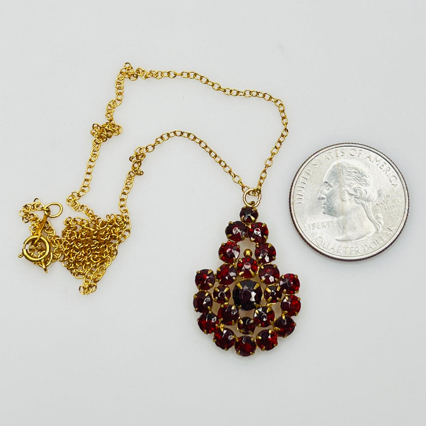 1930s Czech ruby glass pendant necklace gold filled chain