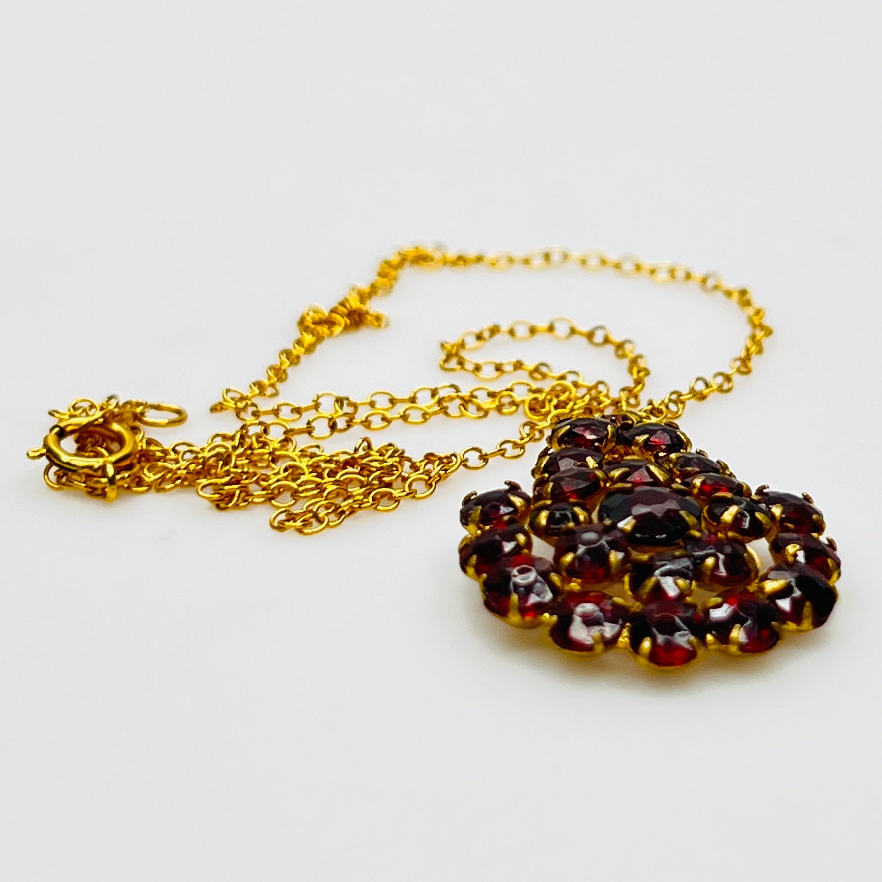 1930s Czech ruby glass pendant necklace gold filled chain