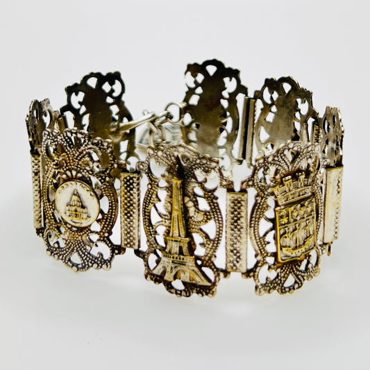 Vintage sterling silver Paris panel bracelet with Eiffel Tower motif