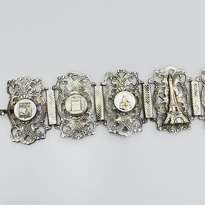 Vintage sterling silver Paris panel bracelet with Eiffel Tower motif