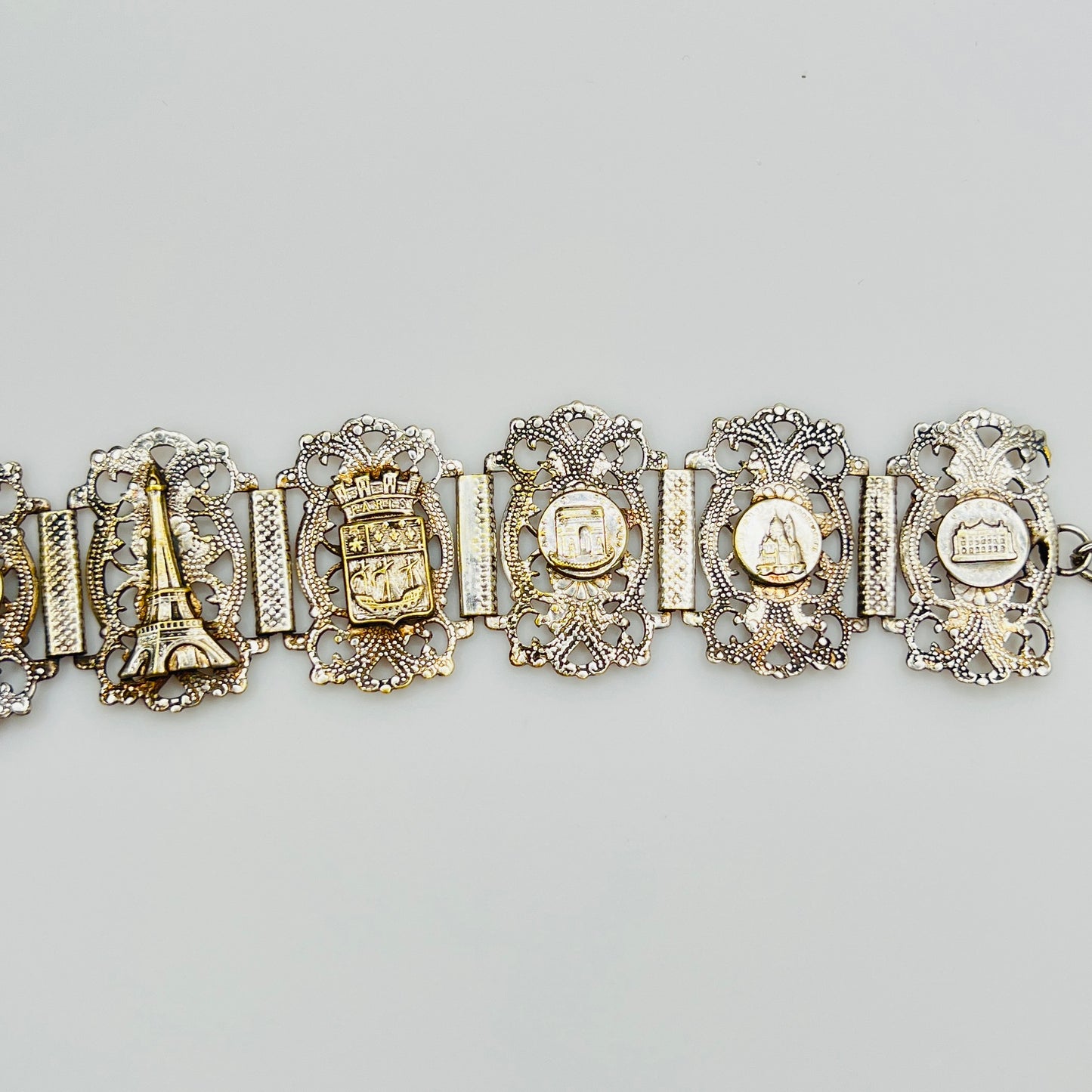 Vintage sterling silver Paris panel bracelet with Eiffel Tower motif
