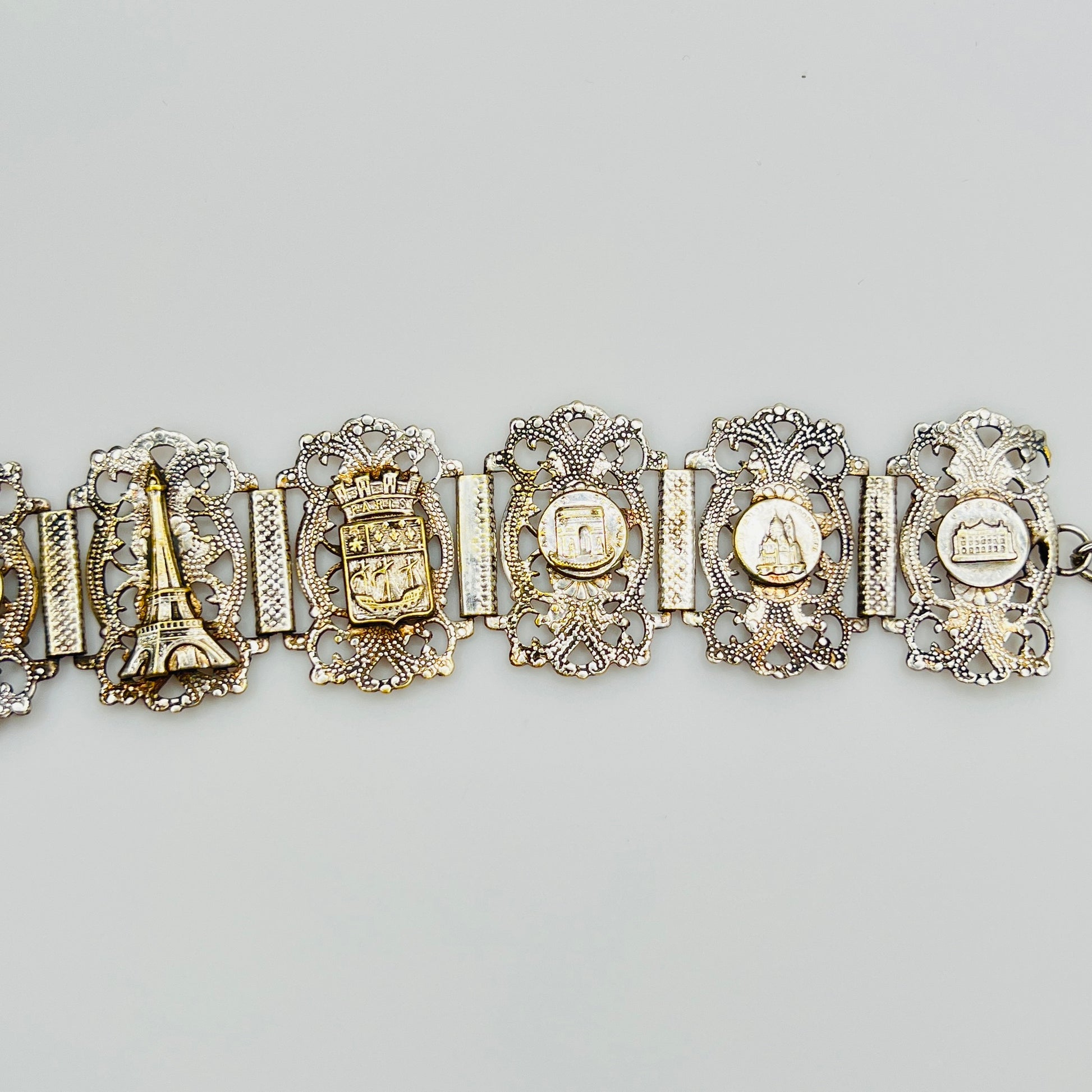 Vintage sterling silver Paris panel bracelet with Eiffel Tower motif