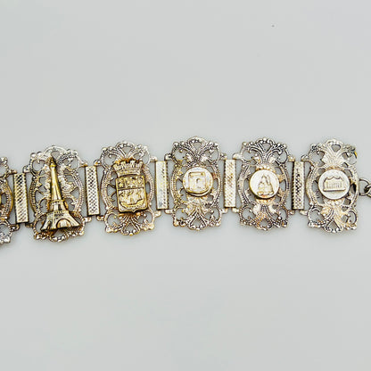 Vintage sterling silver Paris panel bracelet with Eiffel Tower motif