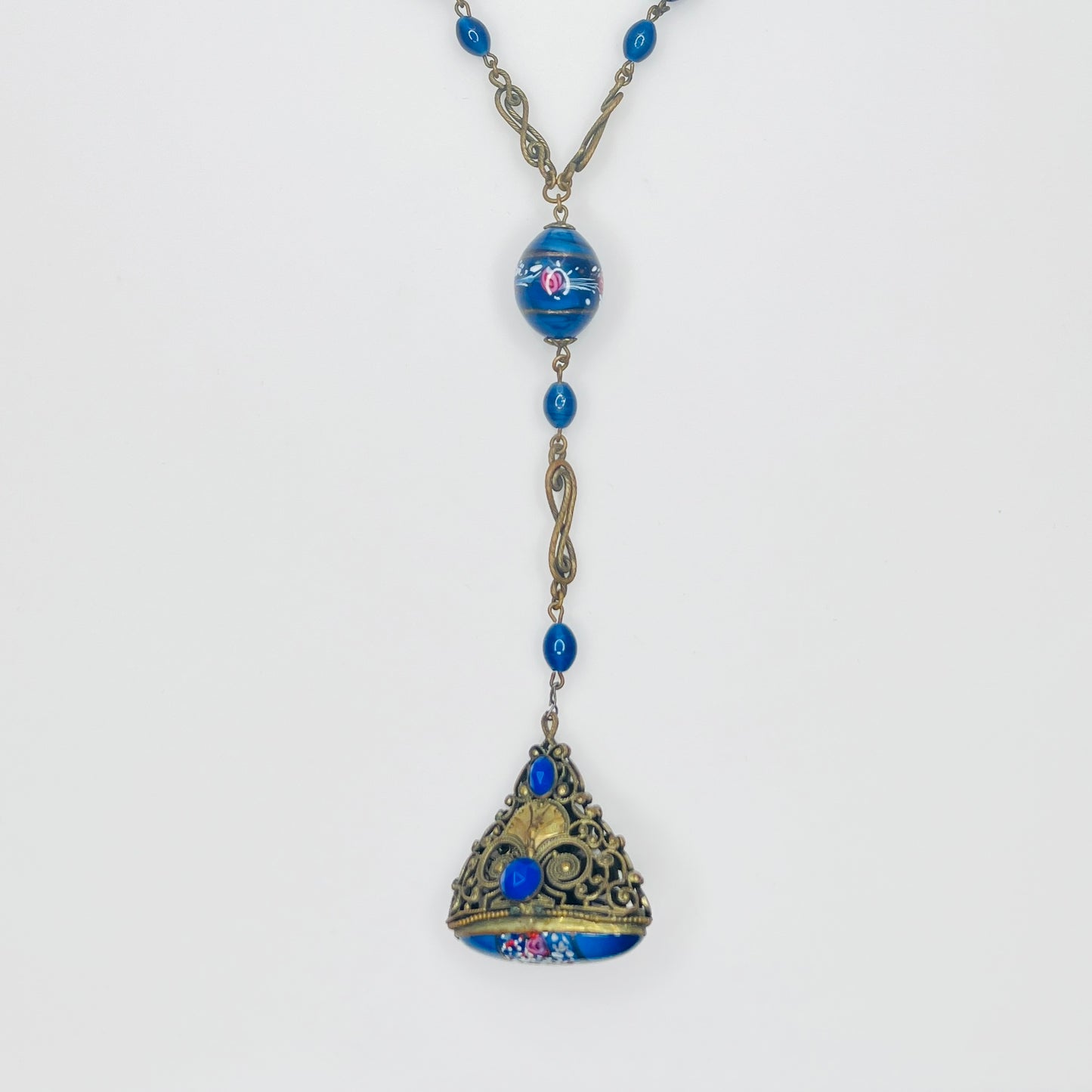 1930s Venetian glass cobalt blue watch fob necklace