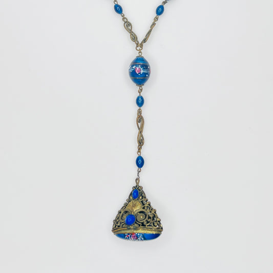 1930s Venetian glass cobalt blue watch fob necklace