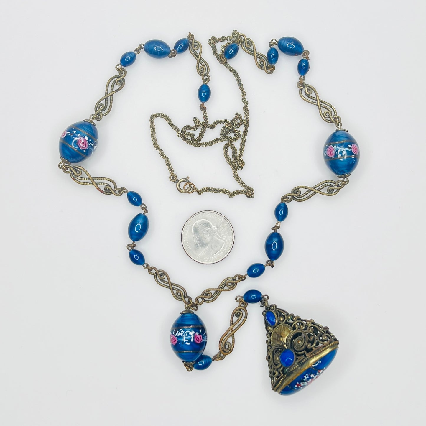1930s Venetian glass cobalt blue watch fob necklace