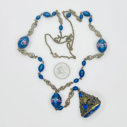 1930s Venetian glass cobalt blue watch fob necklace