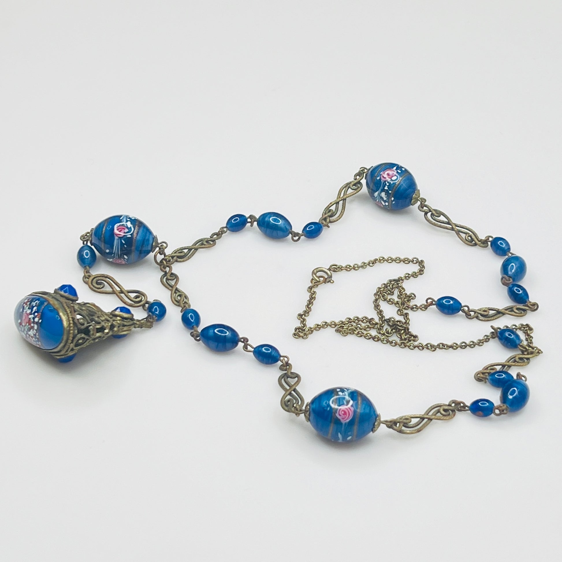 1930s Venetian glass cobalt blue watch fob necklace