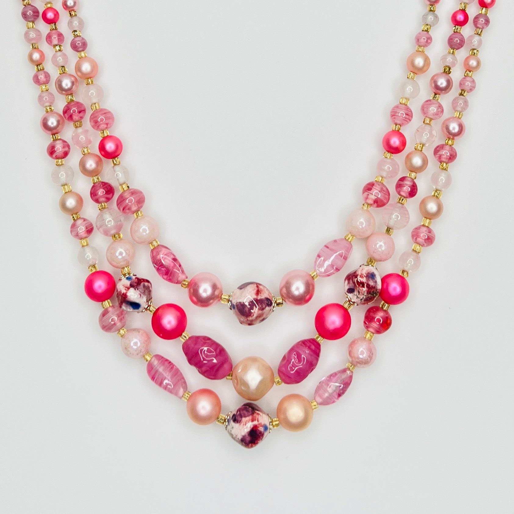 Vintage pink multi strand faux pearl necklace Japan 1950s