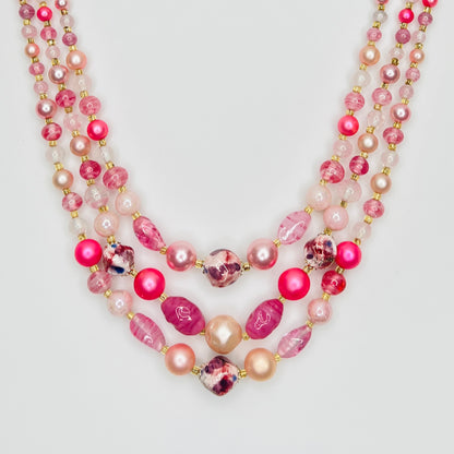 Vintage pink multi strand faux pearl necklace Japan 1950s