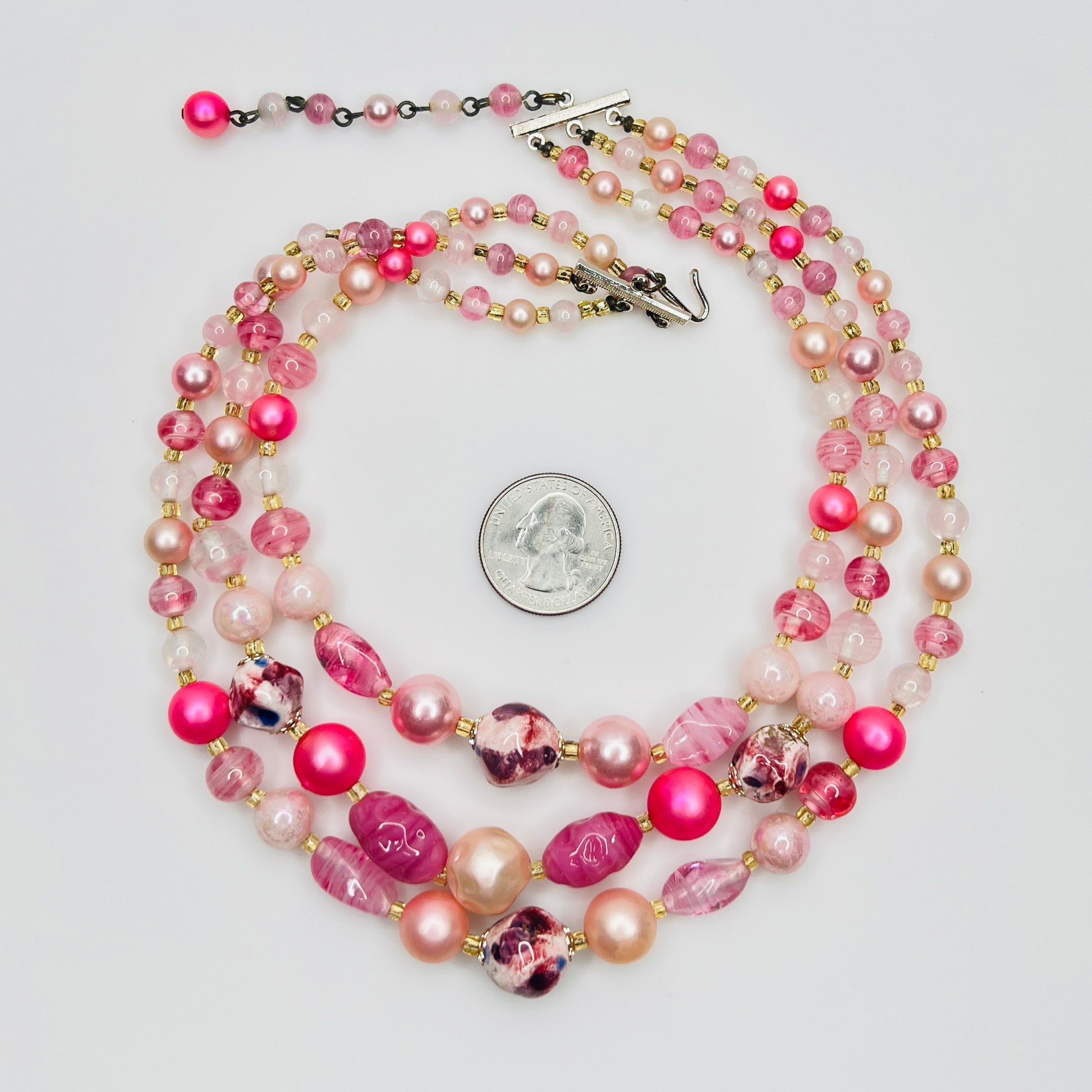 Mixed pink glass and pearl beads multi strand necklace