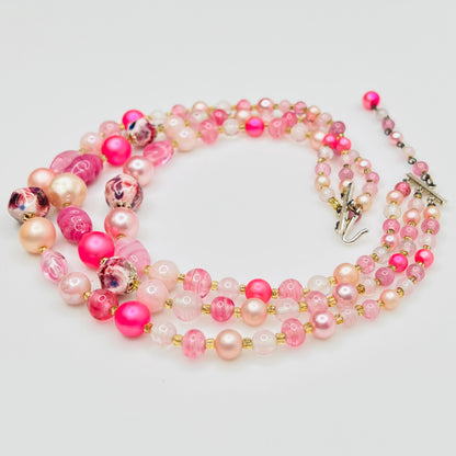 Mixed pink glass and pearl beads multi strand necklace
