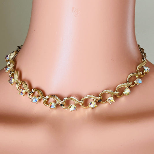 1950s gold-tone choker with aurora borealis stones on mannequin