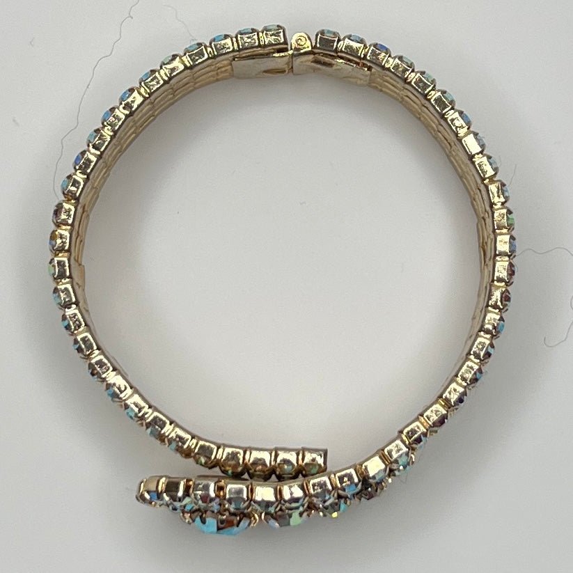 1950s AB rhinestone bracelet closed, displaying multi-row sparkle in gold-tone finish