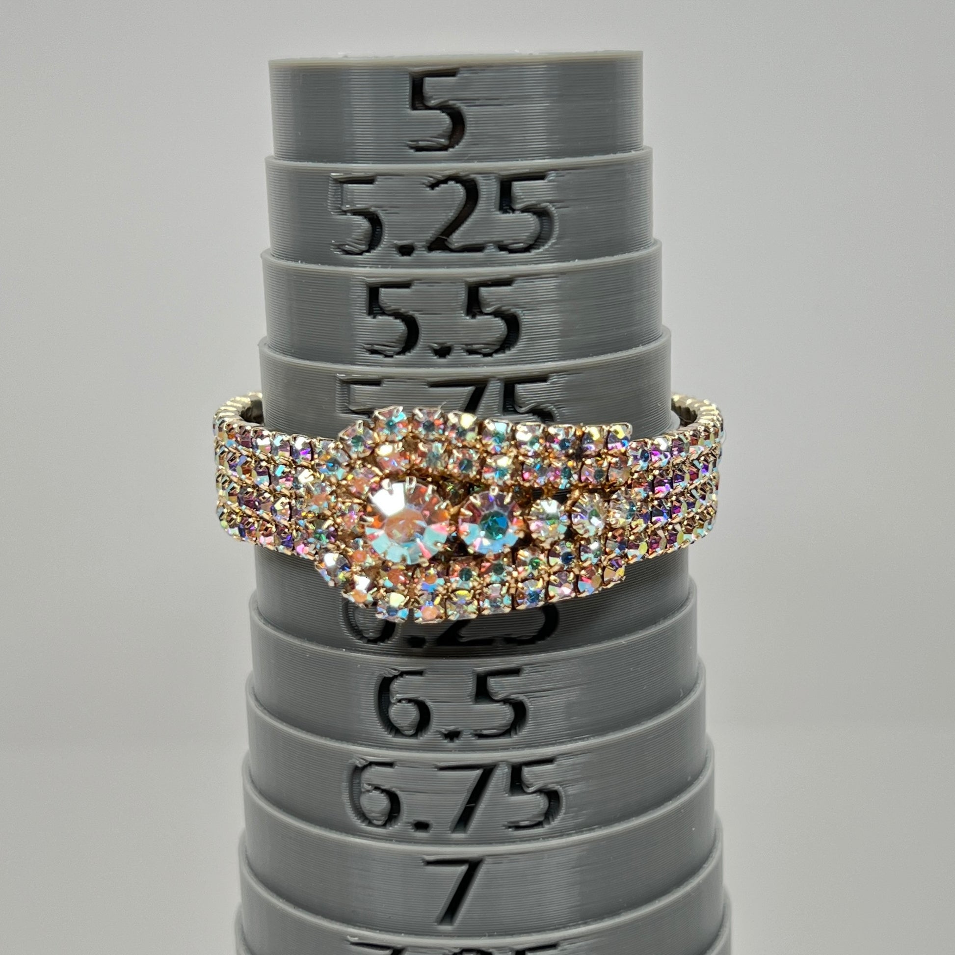 1950s AB rhinestone bracelet closed, displaying multi-row sparkle in gold-tone finish