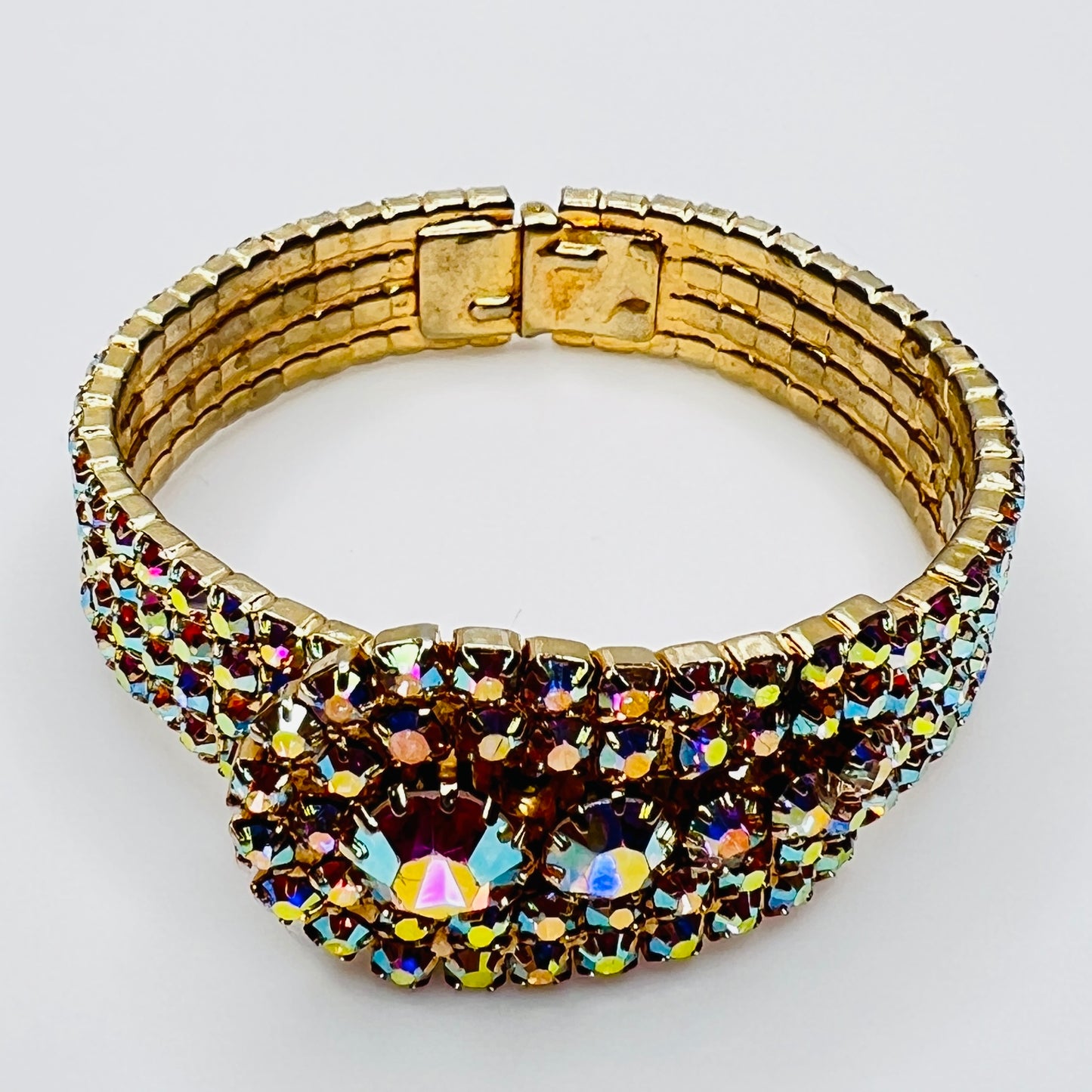 Back view of vintage rhinestone hinged bracelet showing clasp and structure