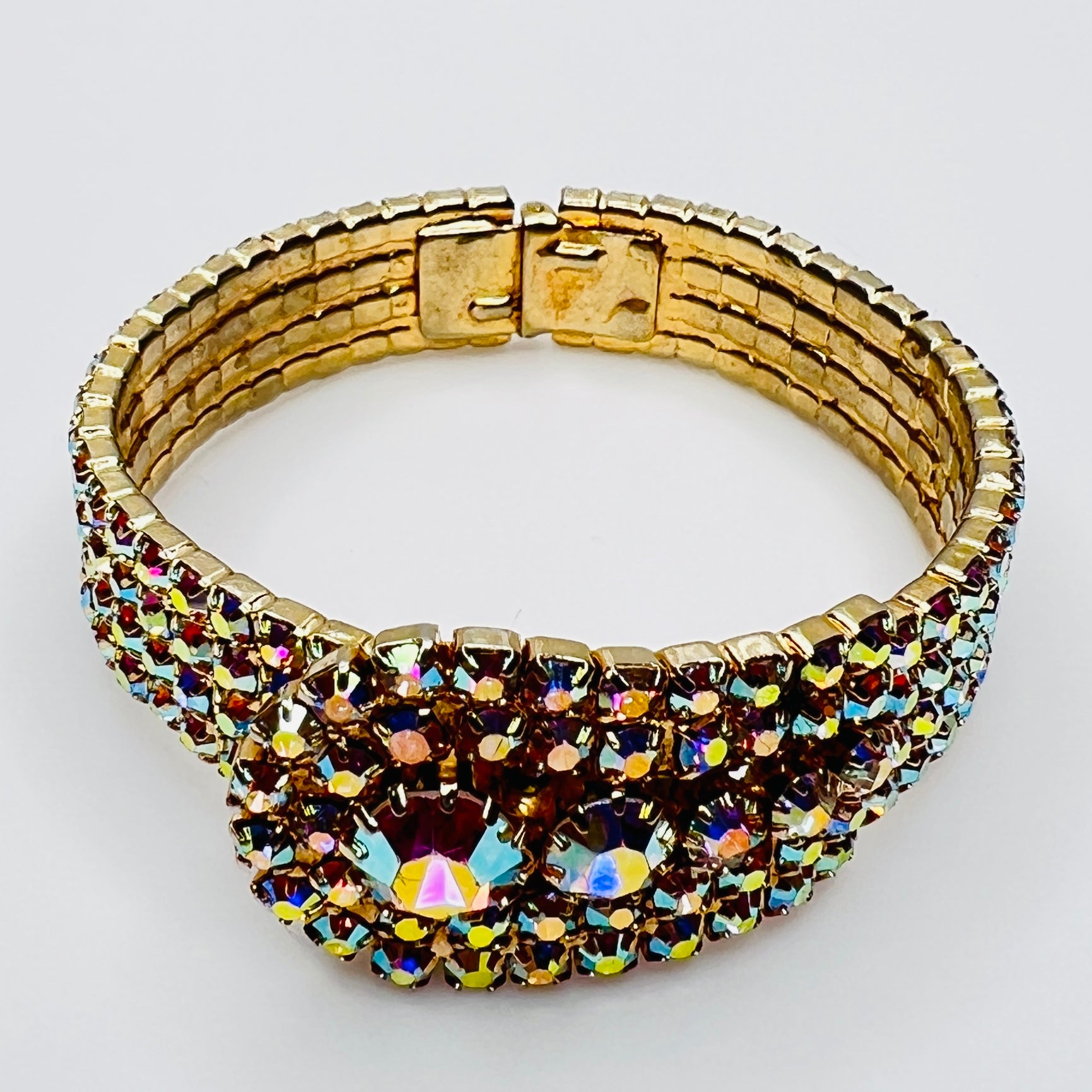 Back view of vintage rhinestone hinged bracelet showing clasp and structure