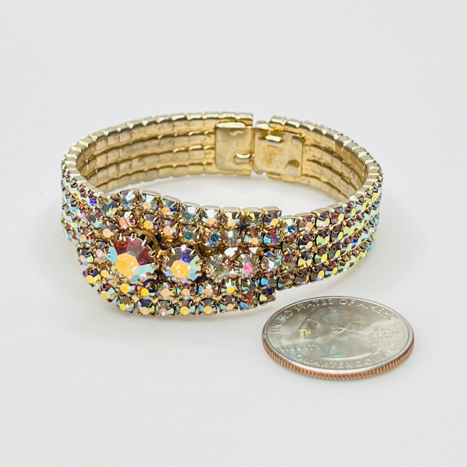 1950s AB rhinestone bracelet closed, displaying multi-row sparkle in gold-tone finish
