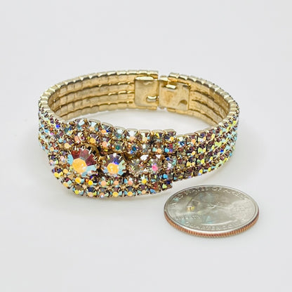 1950s AB rhinestone bracelet closed, displaying multi-row sparkle in gold-tone finish