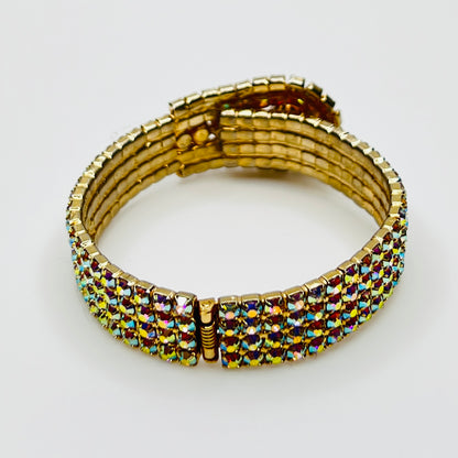 Back view of vintage rhinestone hinged bracelet showing clasp and structure