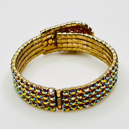 1950s AB rhinestone bracelet closed, displaying multi-row sparkle in gold-tone finish