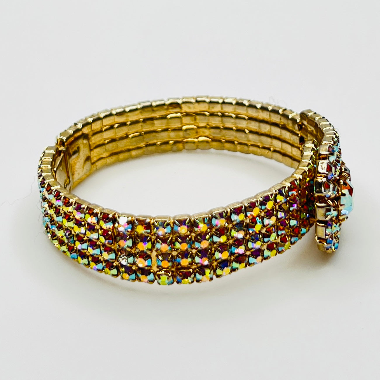 1950s AB rhinestone bracelet closed, displaying multi-row sparkle in gold-tone finish