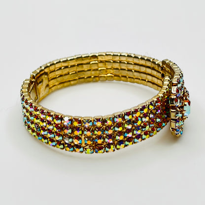 1950s AB rhinestone bracelet closed, displaying multi-row sparkle in gold-tone finish