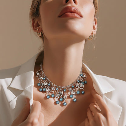 1950s silver tone faux pearl bib necklace with teal bead drops