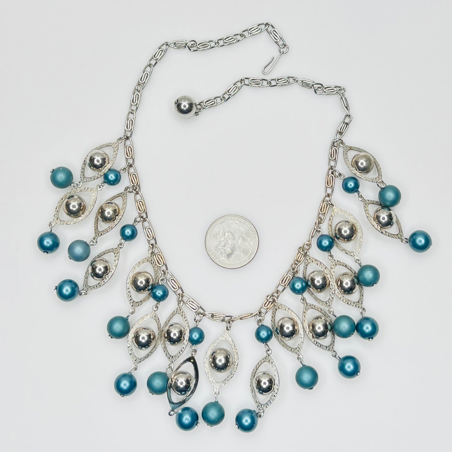 1950s silver tone faux pearl bib necklace with teal bead drops