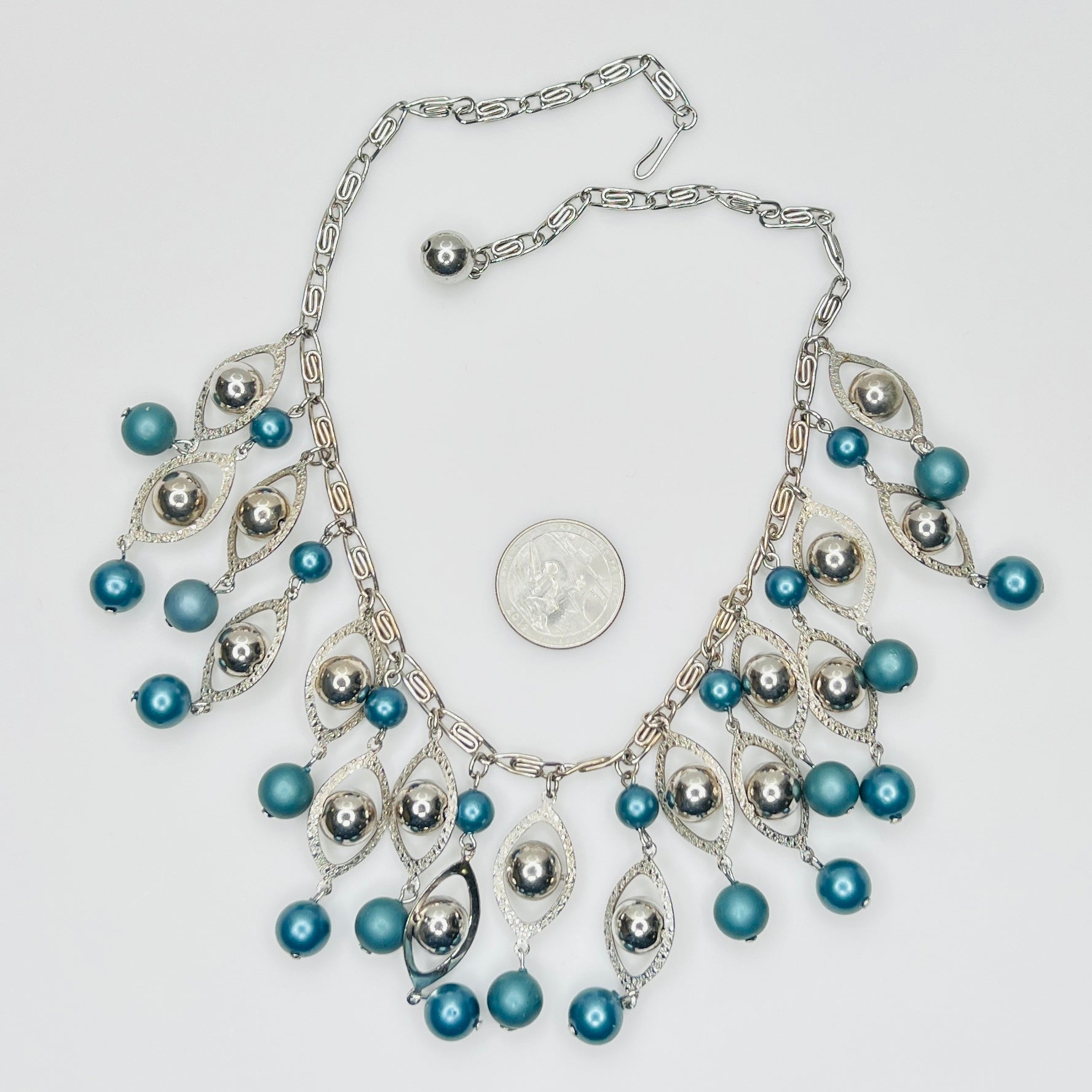 1950s silver tone faux pearl bib necklace with teal bead drops