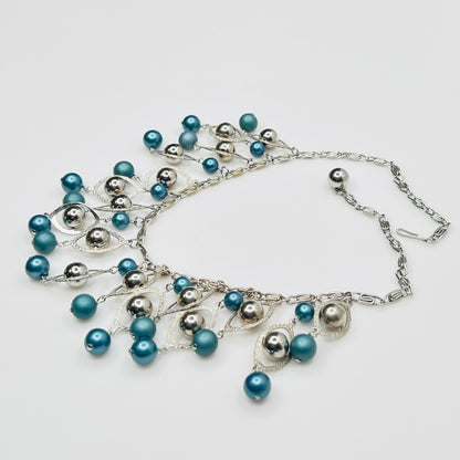 1950s silver tone faux pearl bib necklace with teal bead drops