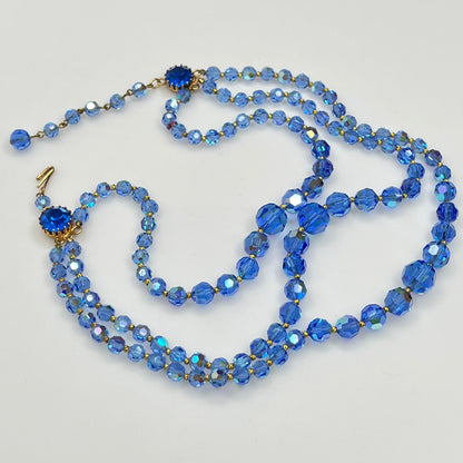Faceted blue crystal bead necklace with jeweled hook clasp and extender