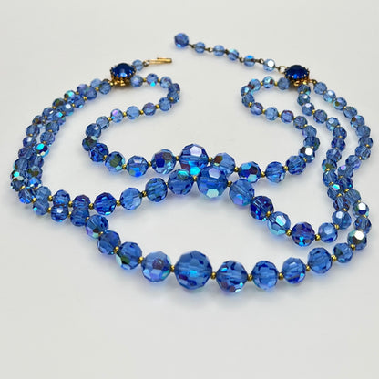 Faceted blue crystal bead necklace with jeweled hook clasp and extender