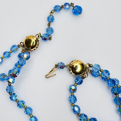 Faceted blue crystal bead necklace with jeweled hook clasp and extender