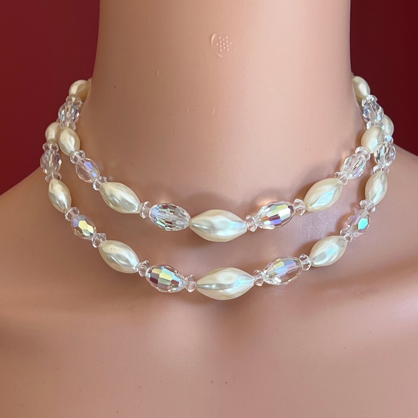 Vintage double strand faux pearl and aurora borealis glass bead necklace with hook clasp