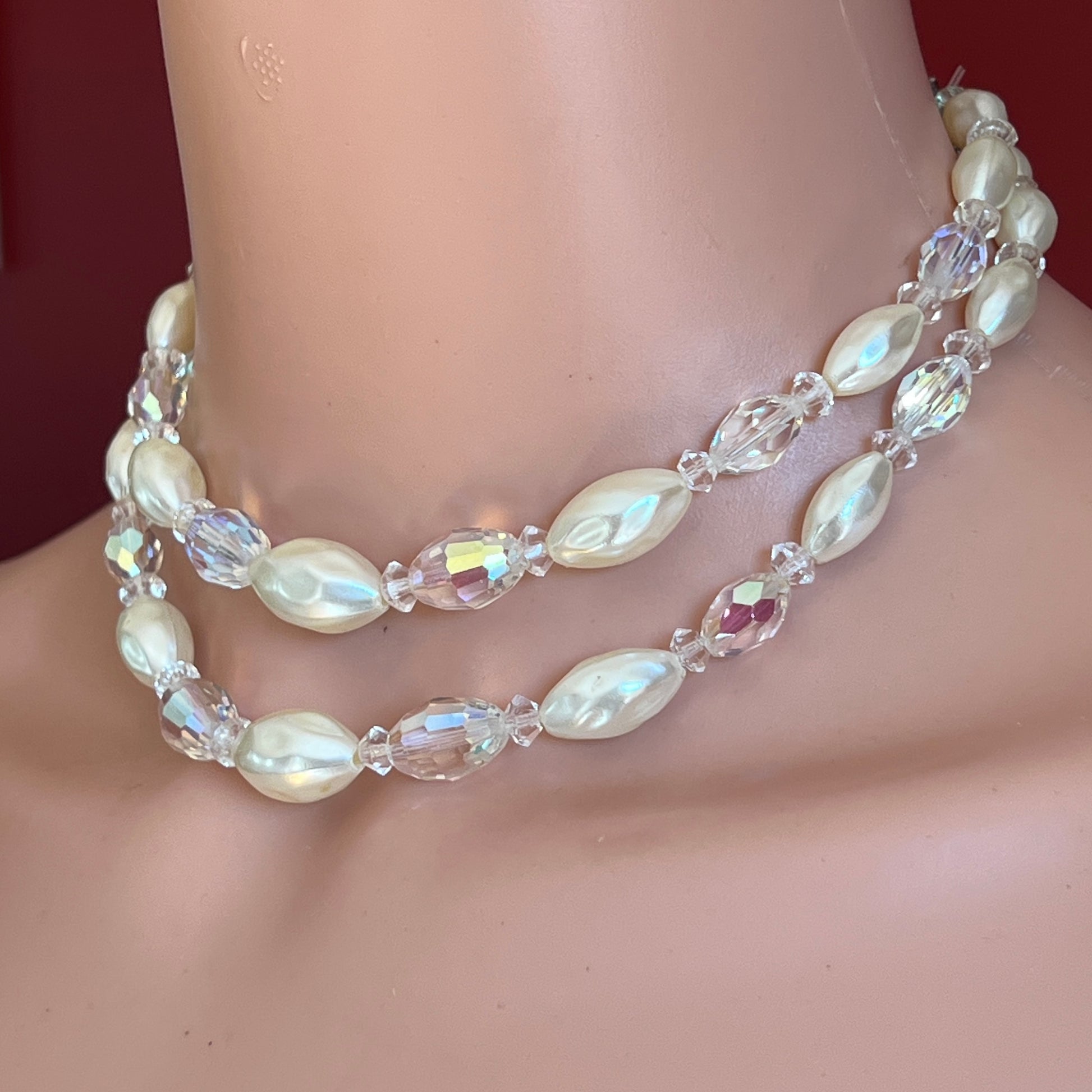 Vintage double strand faux pearl and aurora borealis glass bead necklace with hook clasp