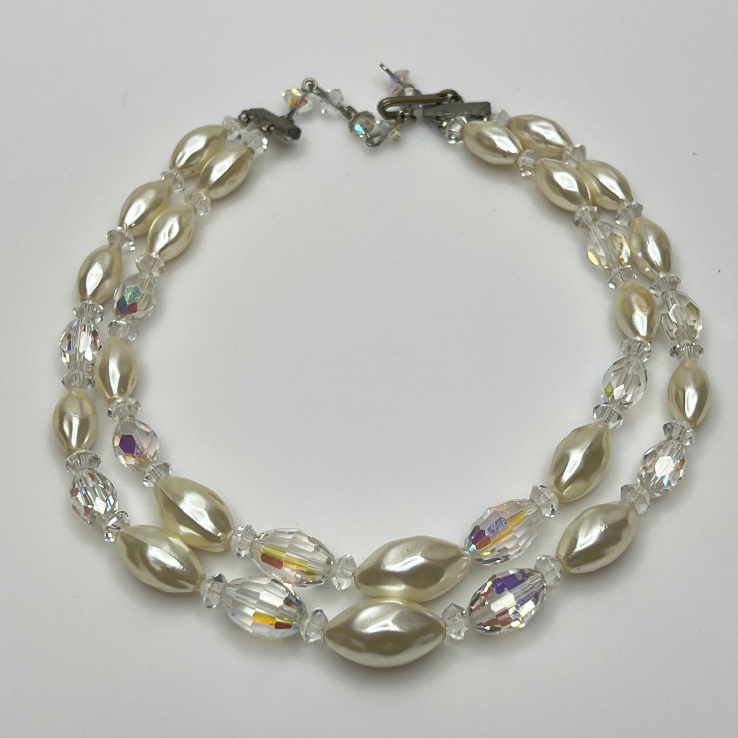 Vintage double strand faux pearl and aurora borealis glass bead necklace with hook clasp