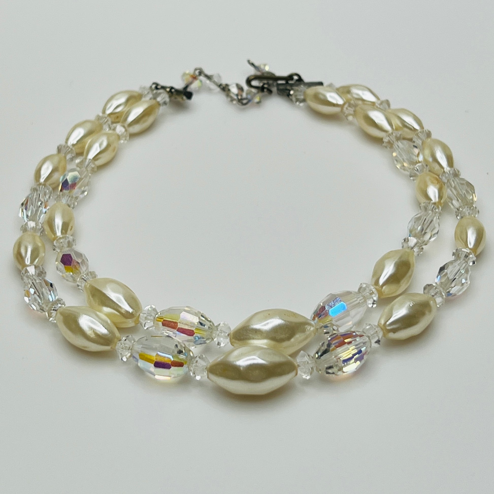 Vintage double strand faux pearl and aurora borealis glass bead necklace with hook clasp