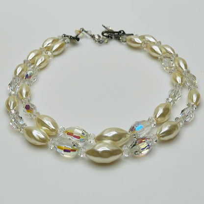 Vintage double strand faux pearl and aurora borealis glass bead necklace with hook clasp
