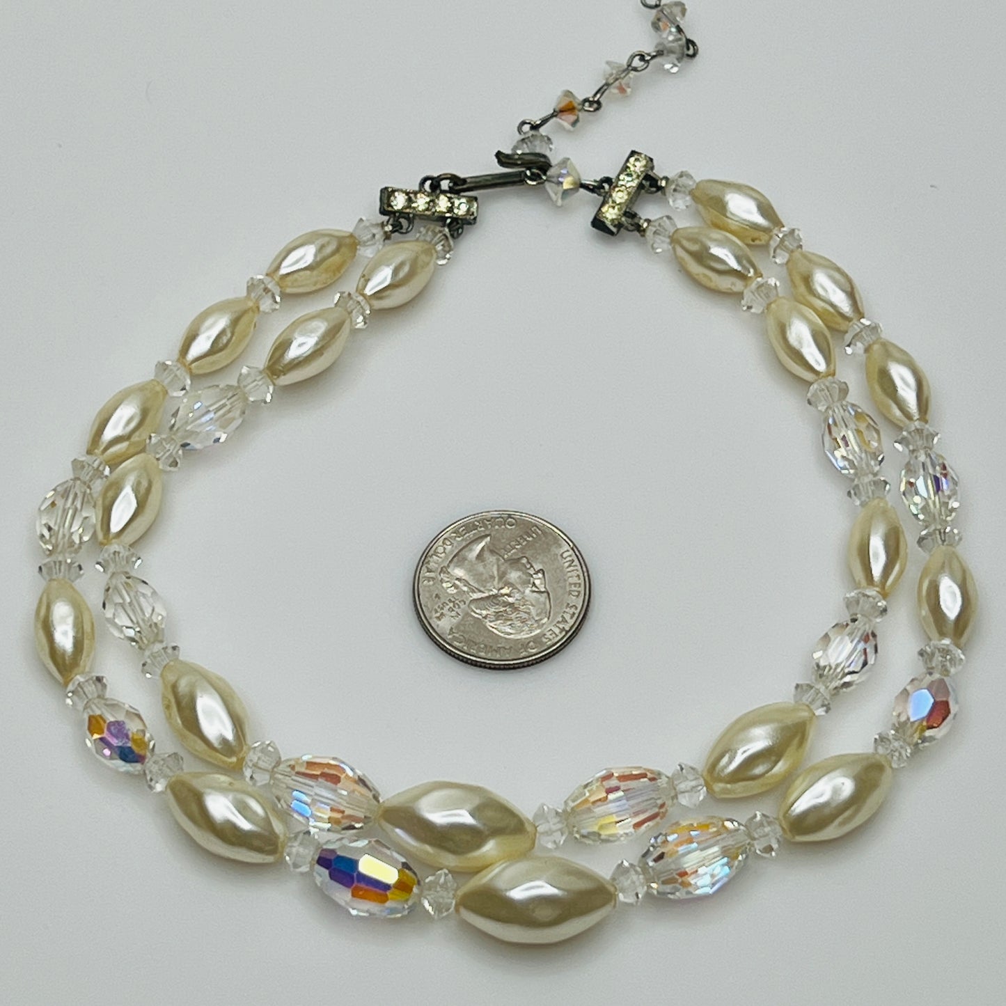 Vintage double strand faux pearl and aurora borealis glass bead necklace with hook clasp