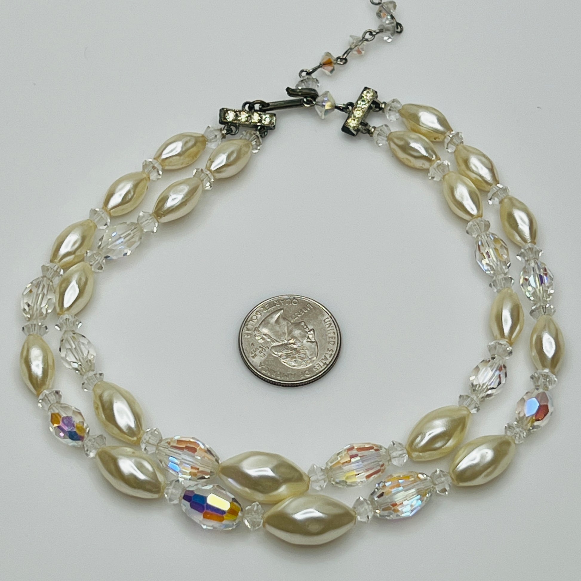 Vintage double strand faux pearl and aurora borealis glass bead necklace with hook clasp