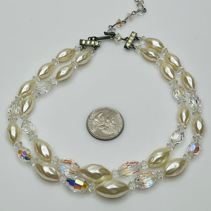 Vintage double strand faux pearl and aurora borealis glass bead necklace with hook clasp