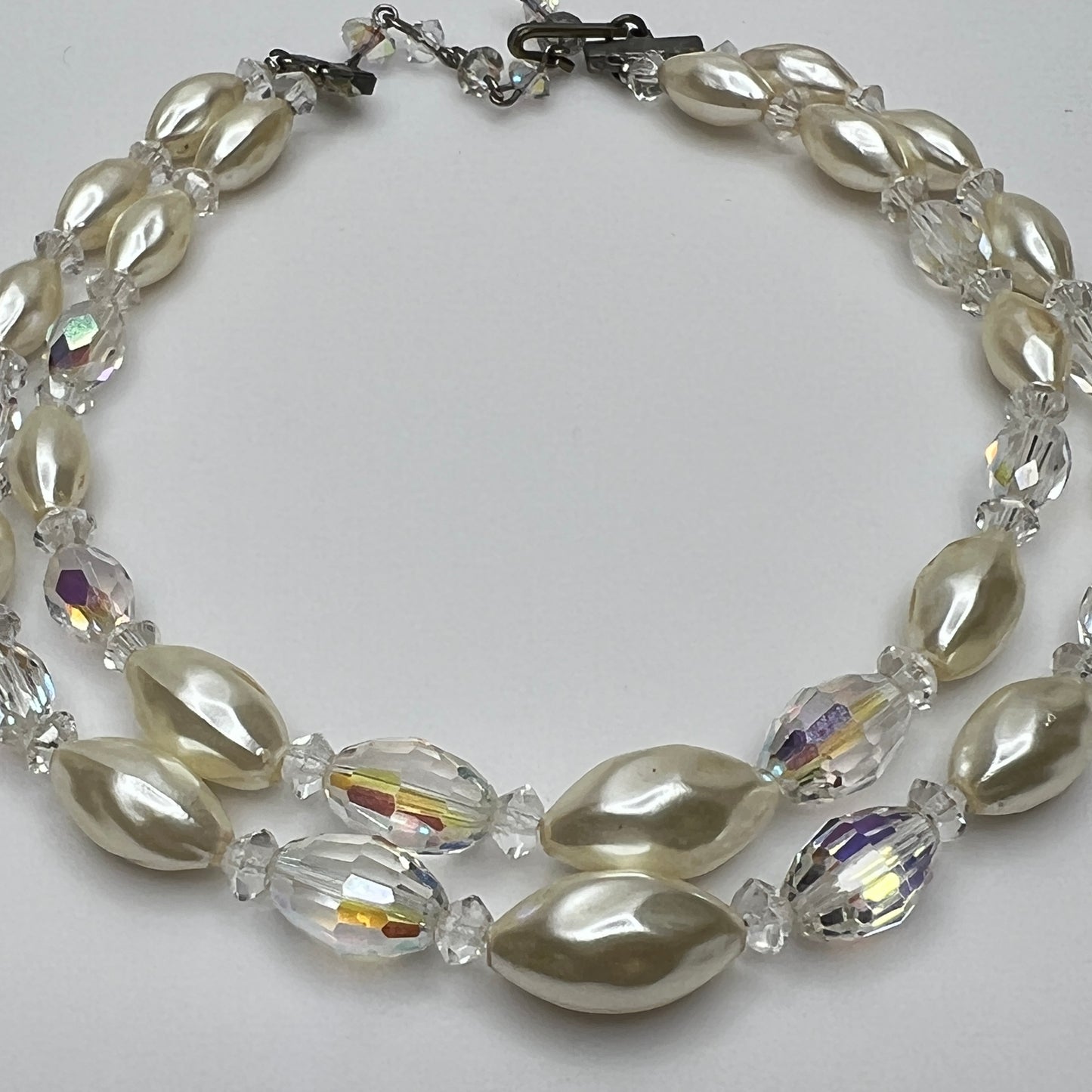 Vintage double strand faux pearl and aurora borealis glass bead necklace with hook clasp