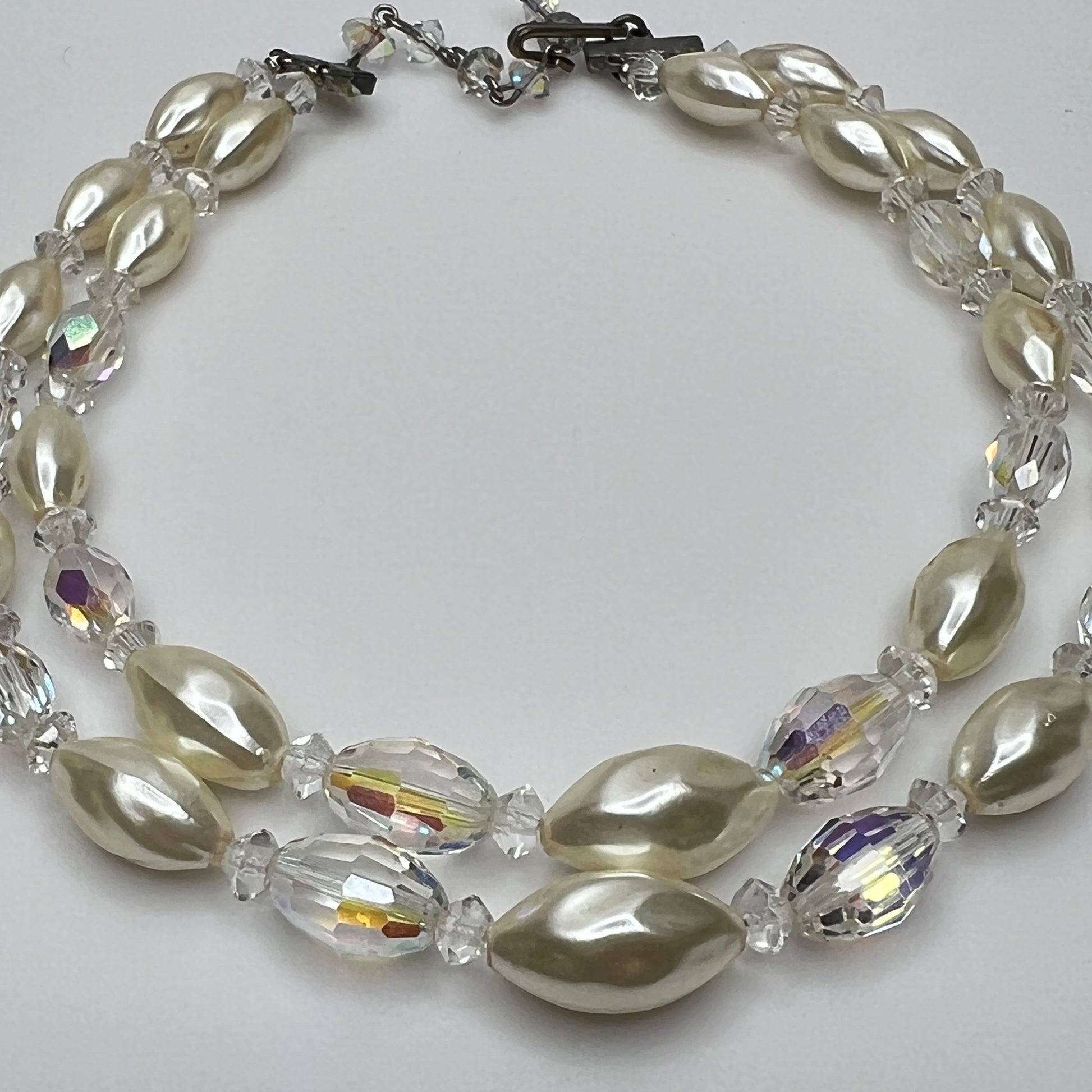 Vintage double strand faux pearl and aurora borealis glass bead necklace with hook clasp
