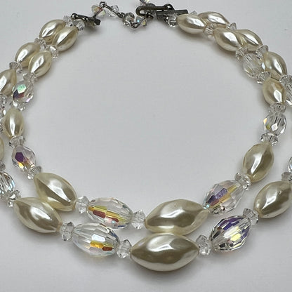 Vintage double strand faux pearl and aurora borealis glass bead necklace with hook clasp