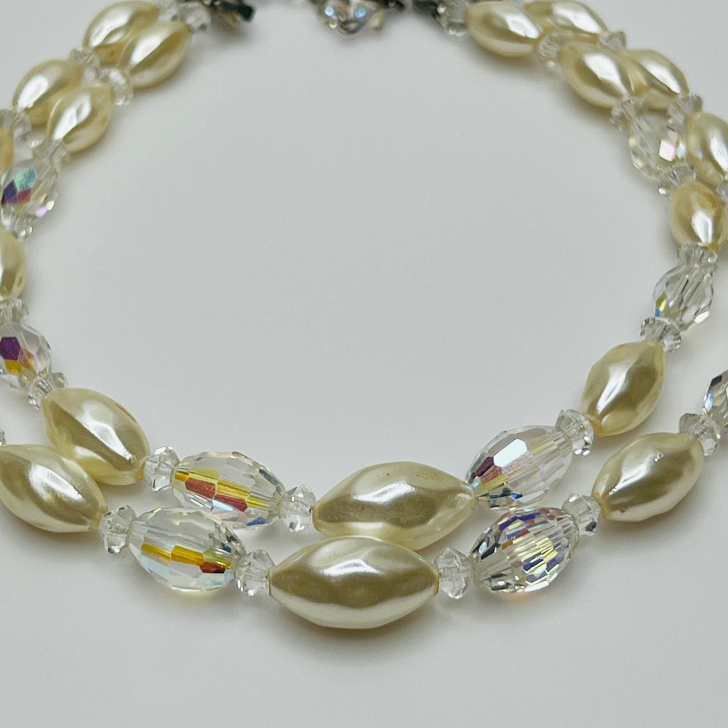 Vintage double strand faux pearl and aurora borealis glass bead necklace with hook clasp