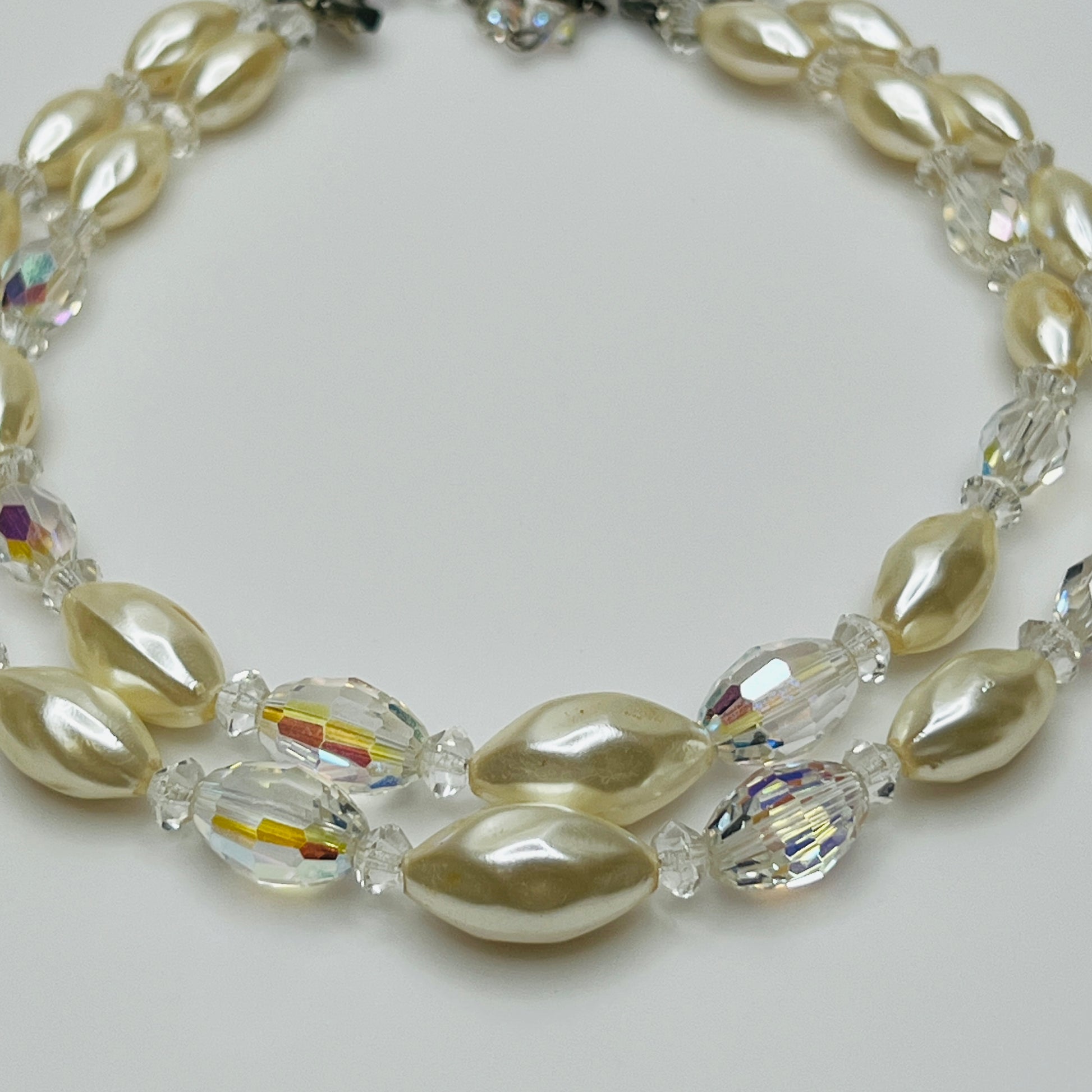 Vintage double strand faux pearl and aurora borealis glass bead necklace with hook clasp