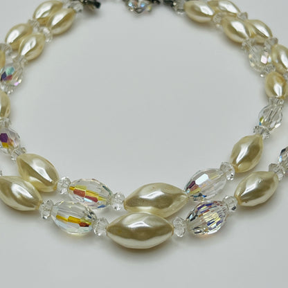 Vintage double strand faux pearl and aurora borealis glass bead necklace with hook clasp