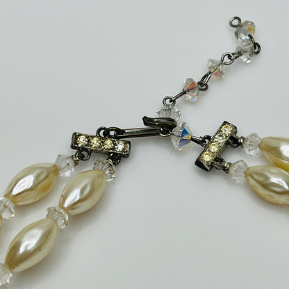 Vintage double strand faux pearl and aurora borealis glass bead necklace with hook clasp